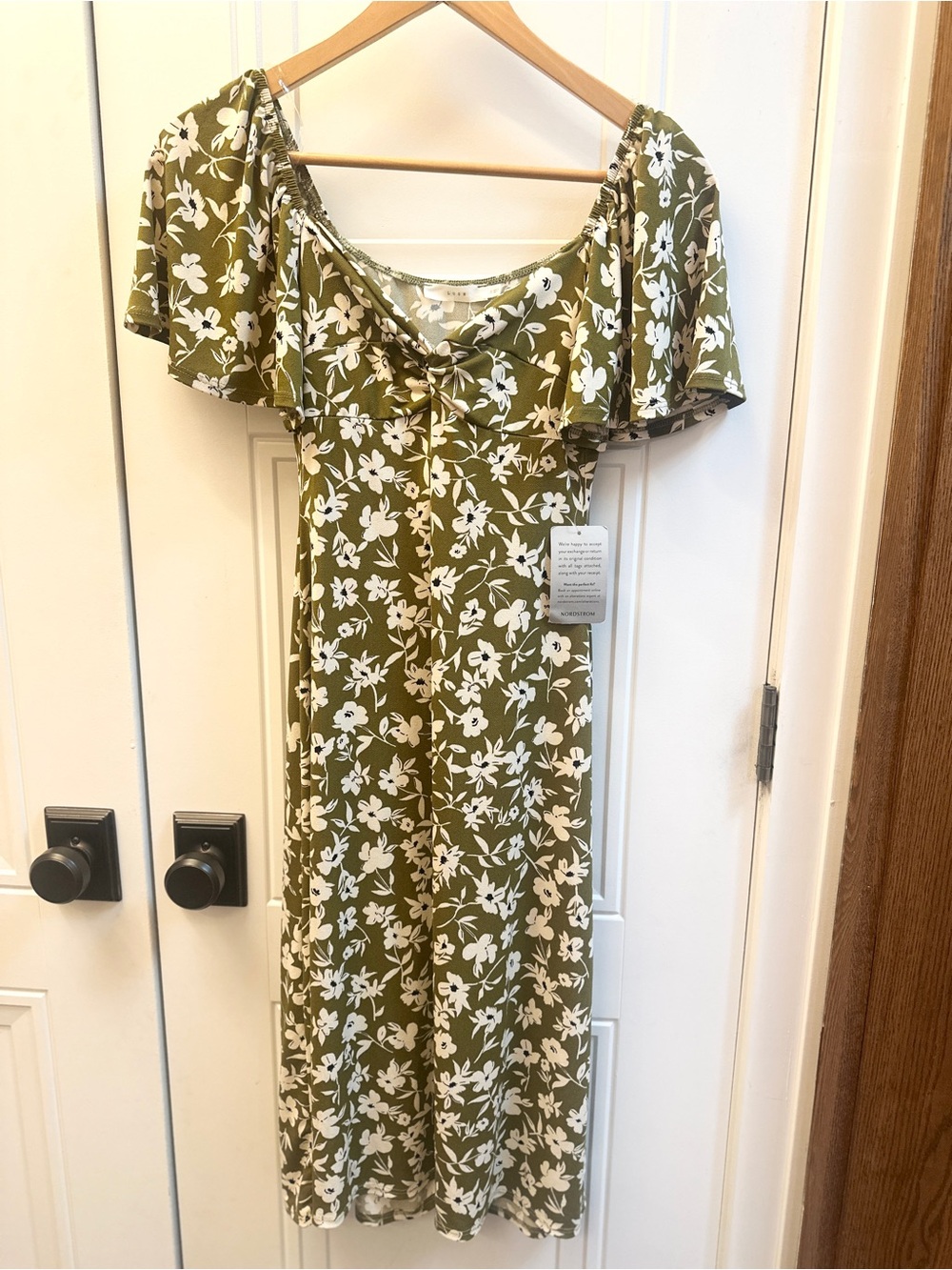 Lush Olive Green Floral Midi Dress with Flutter Sleeves